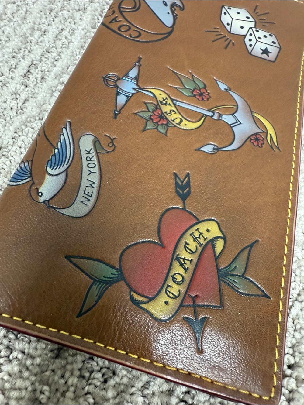 Coach Brown Leather Tattoo-Print Long Long Pocket Wallet with Yellow Stitching - Picture 2 of 12